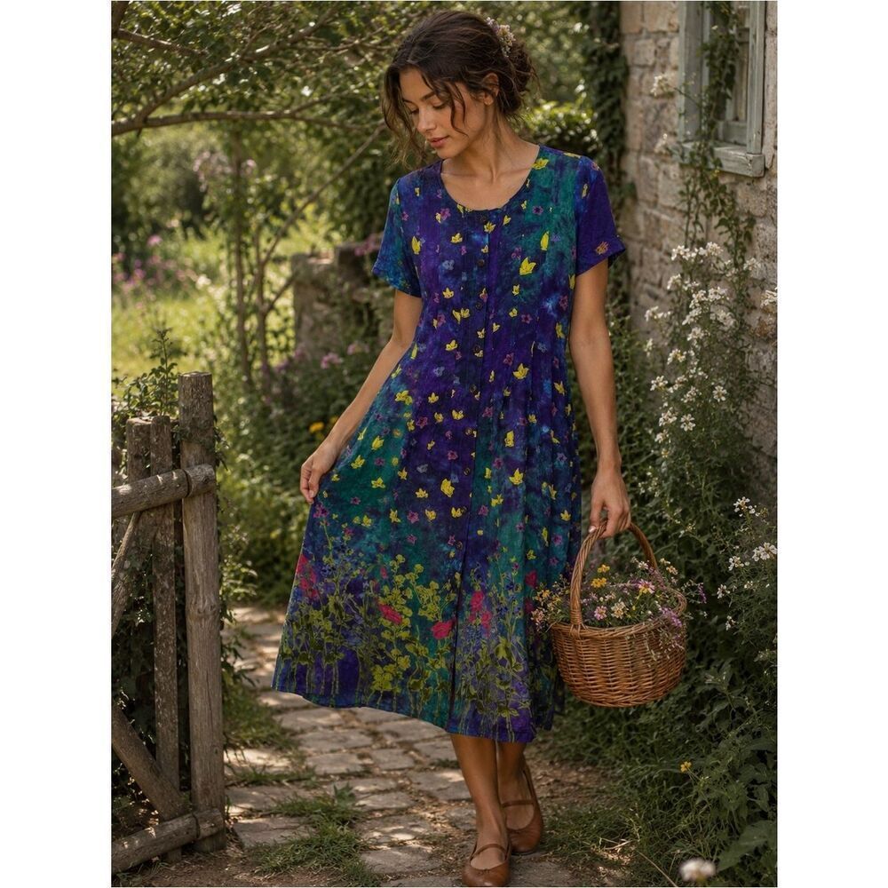 VTG La Cera Purple Turquoise Watercolor Dye Floral Butterfly Button Midi Dress M